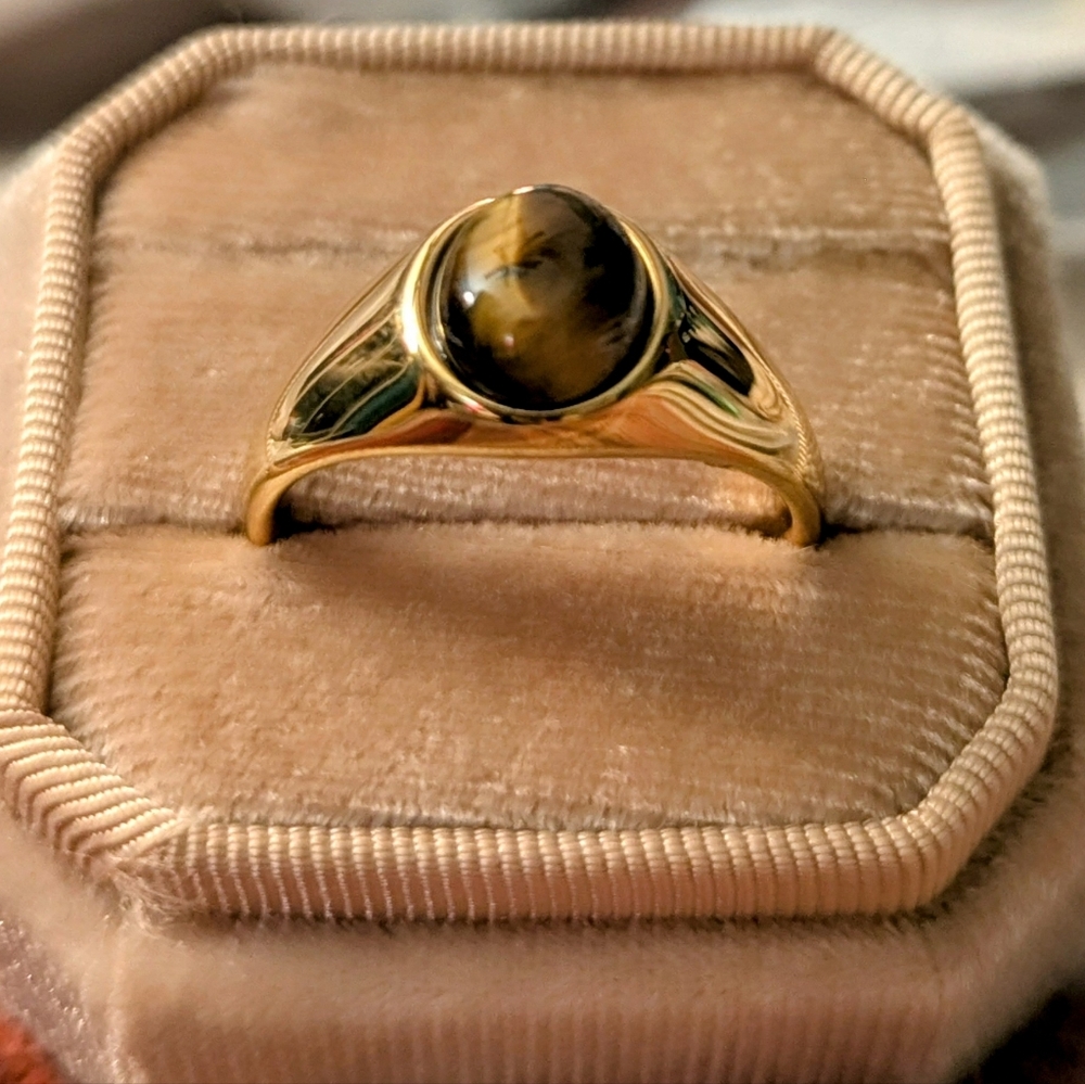 18k Gold Plated Oval Cut Tigers Eye Statement Ring Women's Size  7